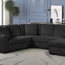 Black Sofa Sectional w/ Pull- Out Sleeper & Storage Chaise 