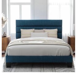 Full Size Platform Bed Frame with Fabric Upholstered Headboard and Wooden Slats Support, Fully Upholstered Mattress Foundation/No Box Sprin