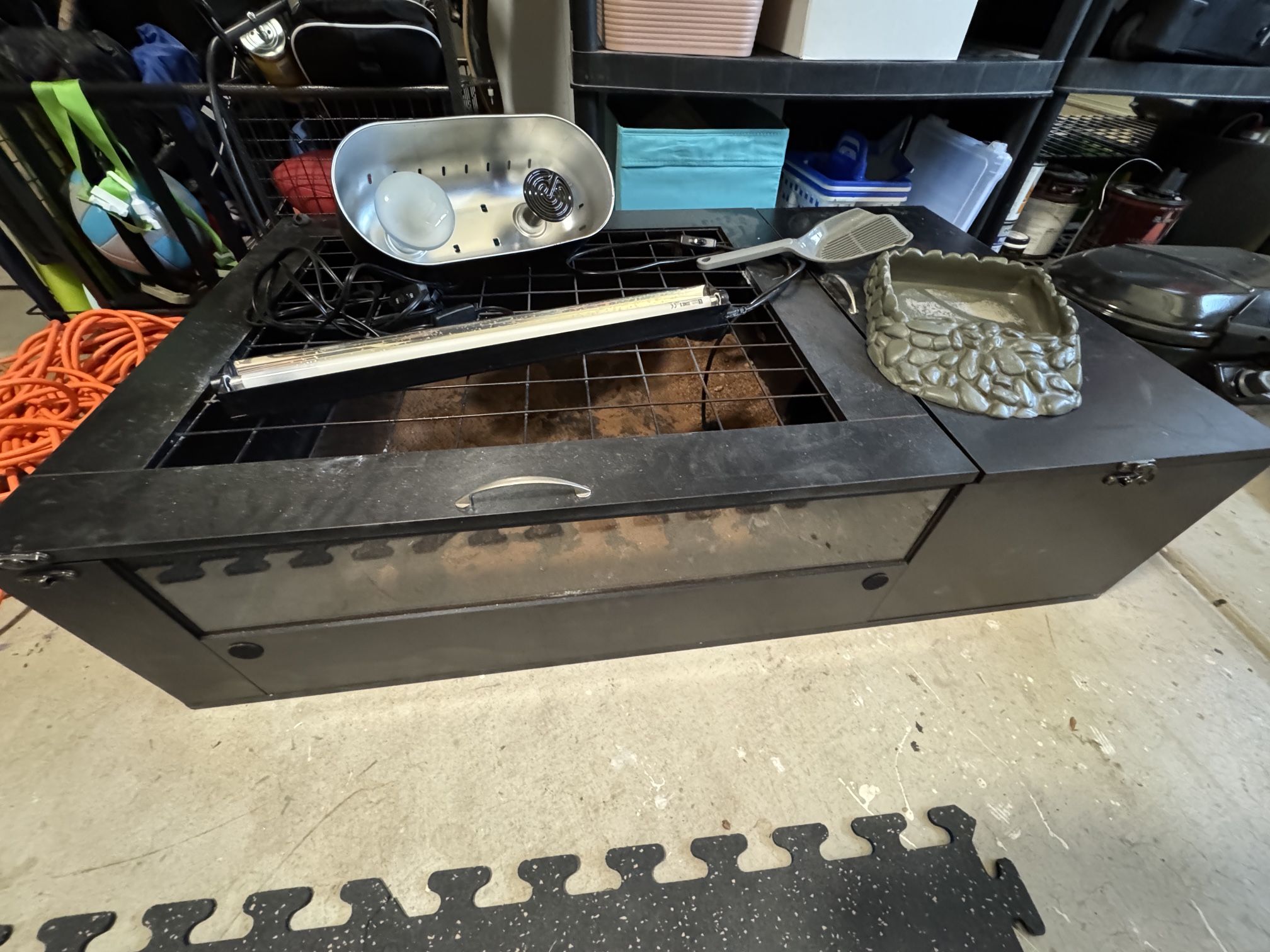 Tortoise table, reptile habitat, animal cage with lights and supplies