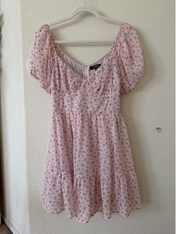 pink floral mini dress with puffy sleeves