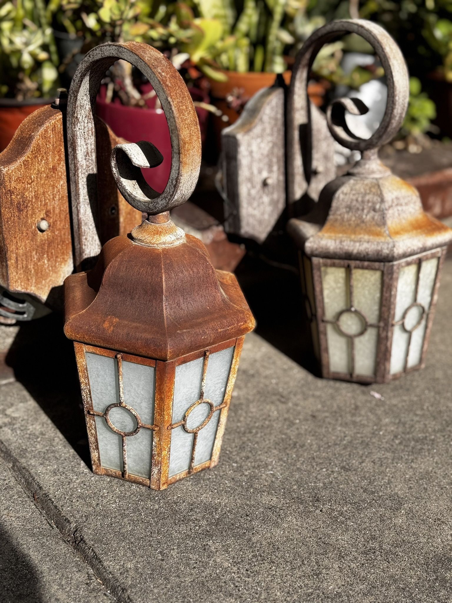 WALL MOUNT WROUGHT IRON VINTAGE RUST COLOR LAMPS WITH LIGHT SENSOR $35 Ea. 3 Available