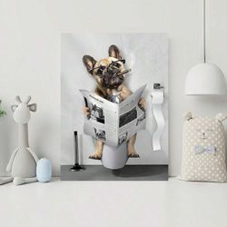 1pc Canvas Painting, Funny Dog Bathroom Wall Art, Black And White Dog