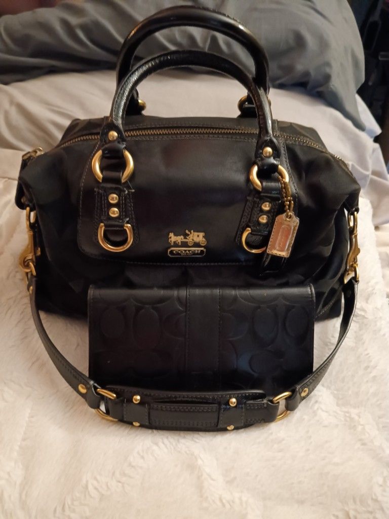 Coach Textured Satchel With Leather Trim & Wallet