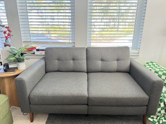 Burrow Nomad Loveseat Modular Sofa Couch and Nomad Ottoman in Heather Charcoal, Walnut Wood Legs