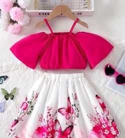 2pc/set Summer Casual Butterfly set for Young Girls Age 7y