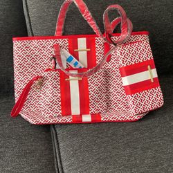 3 Pc Red Striped Handbag/Tote/wallet