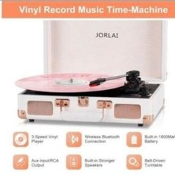 Record Player 3 Speeds Turntable with Bluetooth Built-in Battery Stereo Speakers Vintage Record Player Belt Driven Portable Suitcase PC 