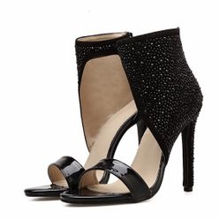 Meilikelin Sexy High Heel Roman Shoes Rhinestone Black Sandals