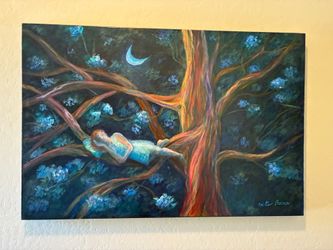 Large Original Oil Painting – Woman Sleeping in Moonlit Tree – Anita Benson