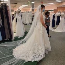 GORGEOUS SCALLOPED V-NECK LACE AND TULLE WEDDING DRESS SZ 12 NWT