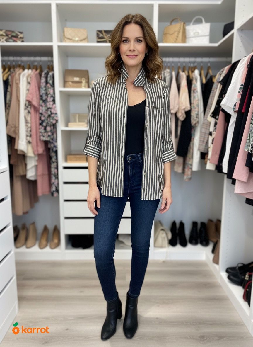 Anne Klein Black Combo Striped Top