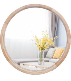 CONGUILIAO Round Mirror, 30 Inches Wood Mirror, Wall Mirror Decorative Circle Mirror, Nature Big Bathroom Large Vanity Mirror Farmhouse Mirror for Liv