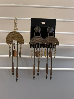 Handcrafted Boho Brass Copper 3 1/2” Dangle Earrings & Brooch Set 