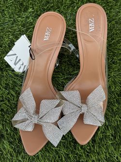 ZARA Tan Slide Mules with Crystal Bow Accent size 61/2