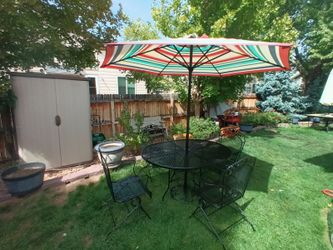 Iron Outdoor Patio Furniture Metal Set 4 Rocking Chairs Umbrella Table 54" x 42" x 29" tall
