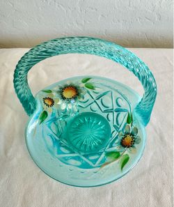 Vintage Fenton opalescent blue glass basket