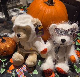 Vtg Dan Dee collection Halloween Teddy Bears set of 2
White fuzzy bear masquerade costume & beige bear W/ sparkly hoodie w/ bat & crescent moon 1