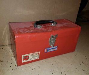 VINTAGE ORANGE RED STEEL METAL INDUSTRIAL AMERICAN WATERLOO TOOLBOX TOOL BOX
