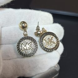Michael Kors Gold Tone Logo Earrings with Crystals – Round Drop Style