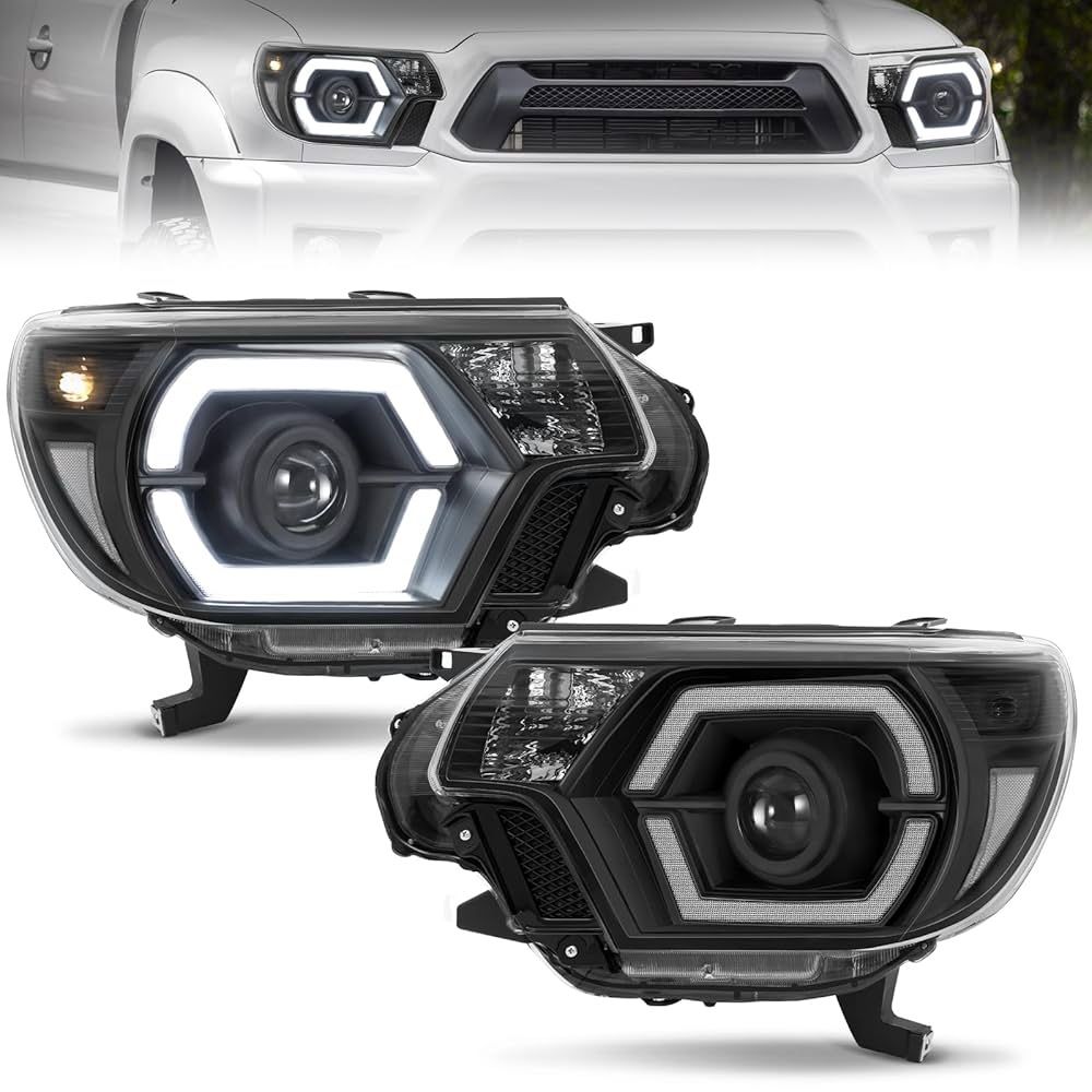 ELH 500% Brighter Headlight Assemblies Fit For 2012 2013 2014 2015 12 13 14 15 Toyota Tacoma with LED DRL Projector Headlamp Black Housing Clear Refle