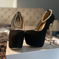 Black Heels  With Pearl Ankle Strap