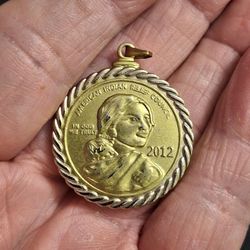 Sacagawea American Indian Relief Council Pendant, Goldtone Center W/Silvertone Rope Rim 2012 Limited Edition Reproduction Copy