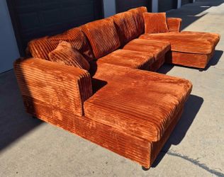 Orange Corduroy Sectional Sofa with Chaise
