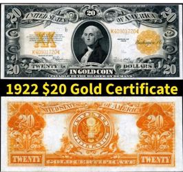 1922 $20 U.S. Gold Certificate Banknote Beautiful Almost Uncirculated Condition A++ Note