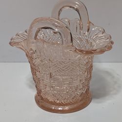 Vintage Pink Depression Glass Basket – Woven Pattern Candy Dish with Double Handles, 5"