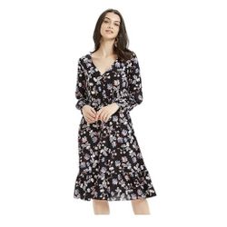Brandnew(Large)Women's Floral Long Sleeve Casual V Neck Tunic Midi Dress with Belt
