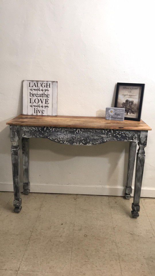 Tuesday Morning Painted Console Table Farmhouse Charcoal Gray Stained Oak Top