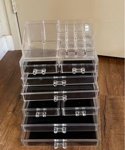 Clear Acrylic Makeup Organizer with 8 Drawers and Removable Top Storage with 16 Slots for Lipstick and Cosmetics - See-Through Jewelry Chest Case Hold
