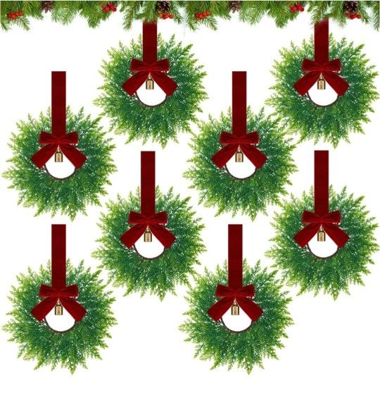 Dingion 8 Pcs 9.8" Small Christmas Cabinets Wreaths Mini Wreaths for Kitchen Window Chair Backs with Ribbon Bell Artificial Greenery for Farmhouse Hol