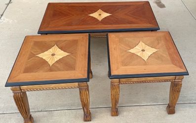 3-Piece Sunburst Inlay Table Set — Coffee Table + 2 End Tables
