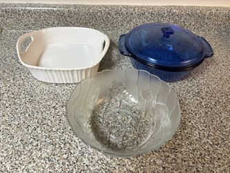 CorningWare Baking Dish + Blue Covered Casserole & Glass Bowl