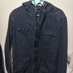 Forever 21 Jacket Mens L Darn Navy Blue Chore Barn Field Coat Military Hood
