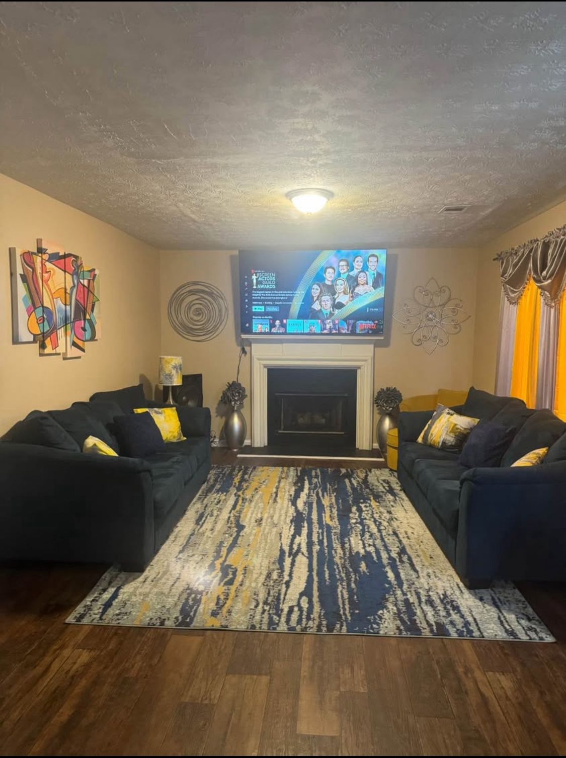 Furniture-Moving Sale; Moving Sale - 2 blue sofas, 2 silver ends tables, & rug
