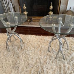 Designer Glass Top Antlers End Tables Pair. 