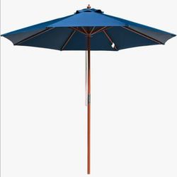 9-Foot Wooden Market Umbrella with a blue/navy canopy.Product Details from the BoxItem Description: 9' Wooden Market UmbrellaNet Weight (N.W.): 25 lbs