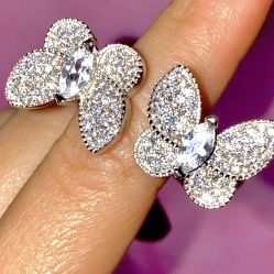 Italy 925 Sterling Silver 14K White Gold 5X Layered , Women’s Iced Out Butterfly 🦋 Ring, CZ Diamond, Sizes 6-9 US, Life Time Warranty