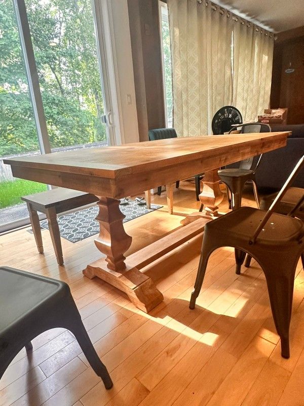 Solid wood dining table, wooden bench and 4 chairs from Crate and Barrel