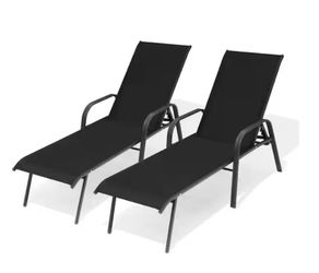 2-Piece Metal Outdoor Chaise Lounge Chair with Adjustabel Backrest and Armrest Textilene Fabric in Black for Poolside