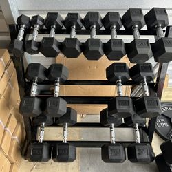 New pair of 5,10,15,20,25,30,35,40lb rubber dumbbells + rack NEW IN BOX $435  