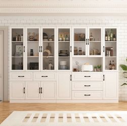 110.2 in. W x 78.9 in. H 19-Shelf Wood Standard Bookcase With Adjustable Shelves, Tempered Glass Doors, 5 Drawers
