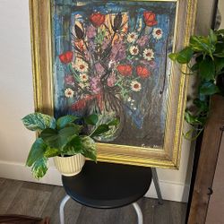 Vintage Mid-Century Textured Floral Painting - Signed Pierre Mas - Large 1960s Statement Art