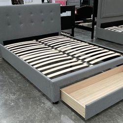 Full Size Grey Tufted Bed W Drawer With Orthopedic Mattress 