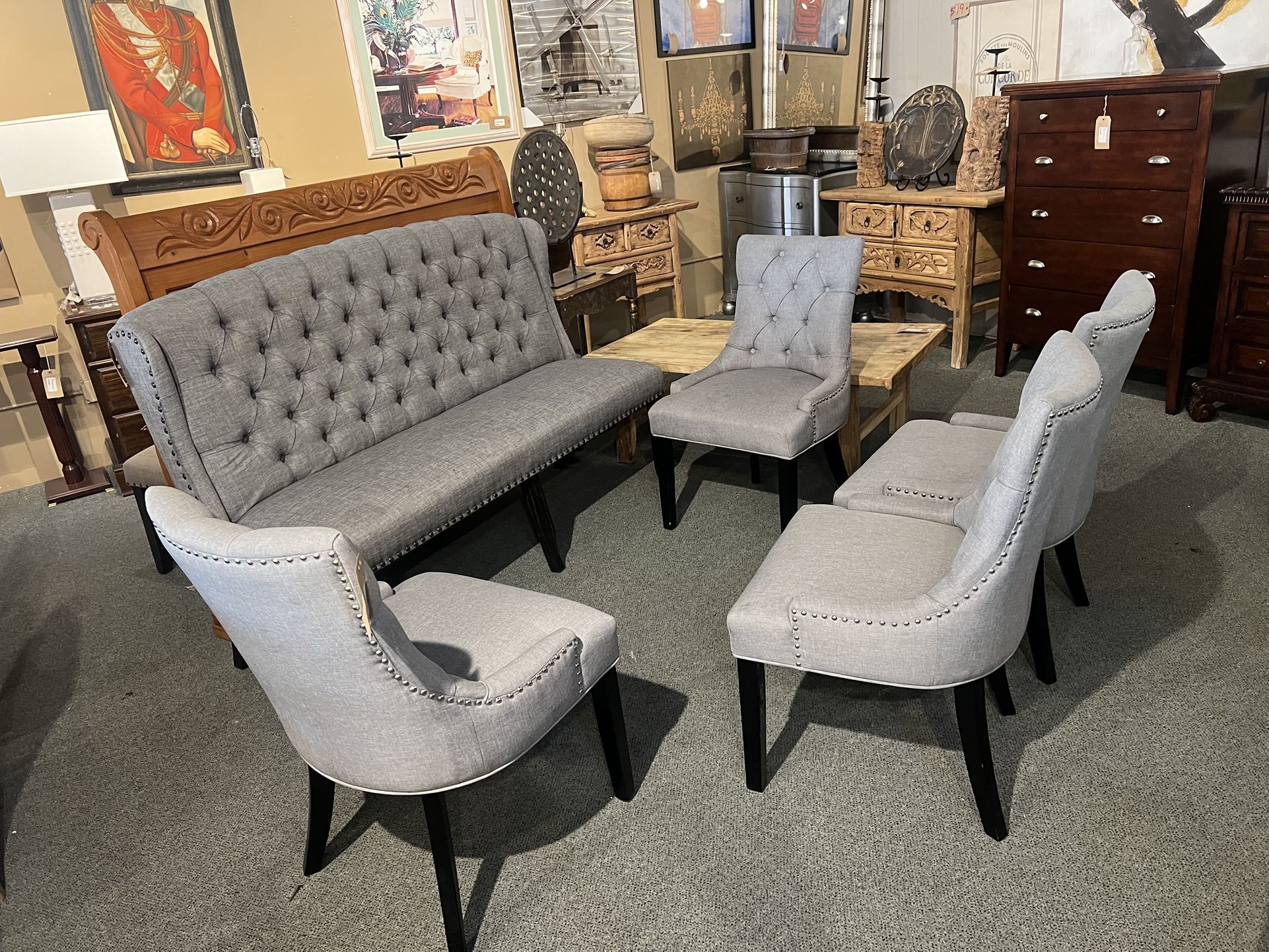 Dining Chairs & Bench: Set Of 4 Grey Upholstered Dining Chairs & Dining Bench as-is (several stains on seat cushions) SKU A9UWGJ