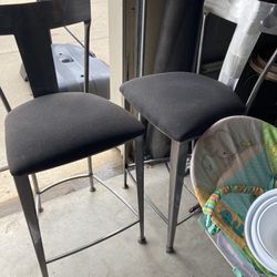 2 Silver Metal Bar Height Chairs With Black Seat 