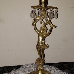 VINTAGE ORNATE BEADED CRYSTAL BRASS CHERUB ANGEL CANDLESTICK HOLDER CANDLE DISPLAY CANDELABRA MID CENTURY HOLLYWOOD REGENCY DECOR