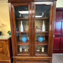 Antique Large Wood & Glass Armoire Cabinet W Drawer 